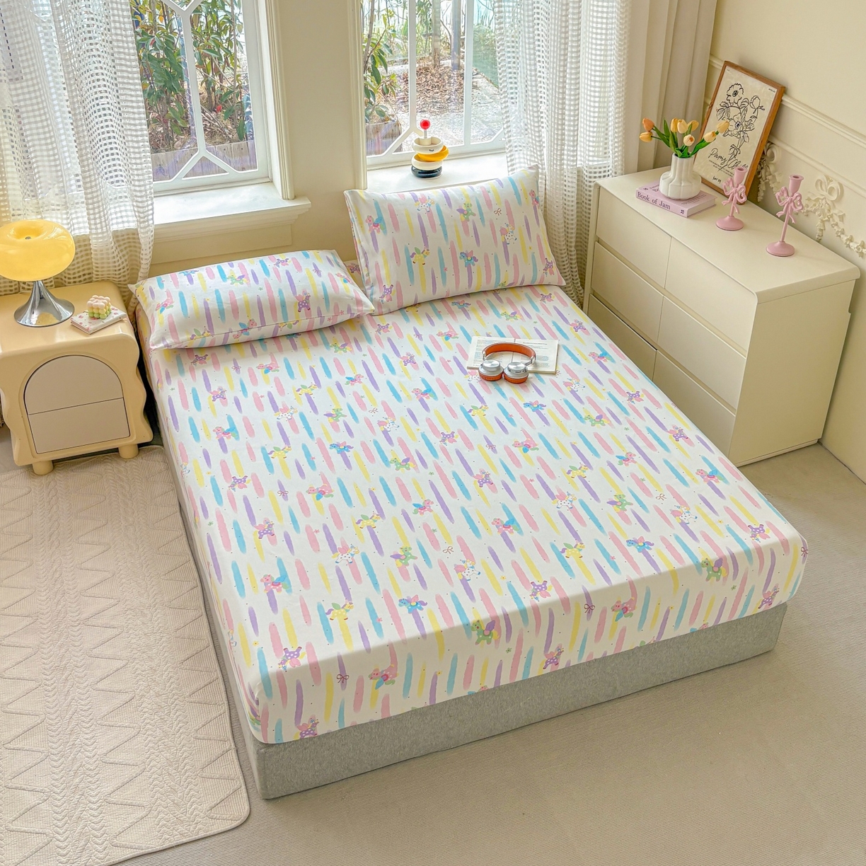 91家纺网 家纺一手货源 找家纺 青泽家纺 2025新款原棉老粗布床笠系列 彩虹小马