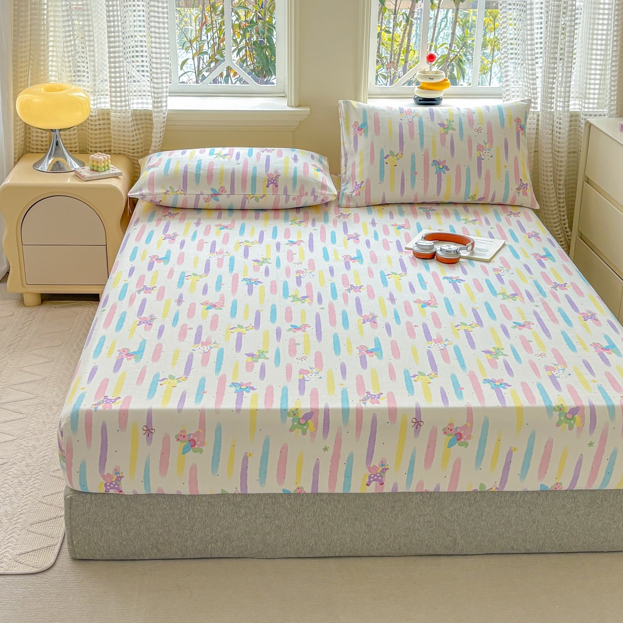 91家纺网 家纺一手货源 找家纺 青泽家纺 2025新款原棉老粗布床笠系列 彩虹小马