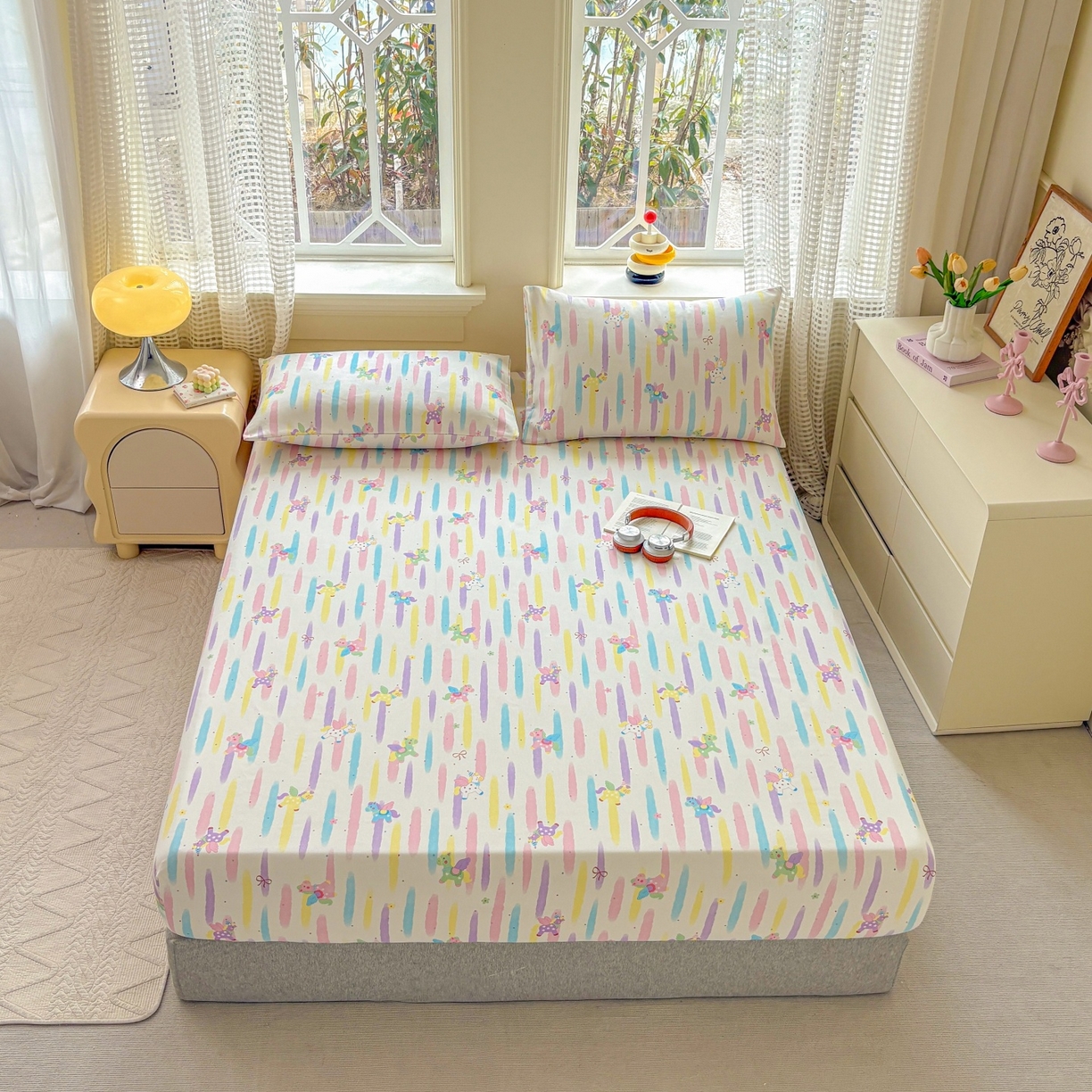 91家纺网 家纺一手货源 找家纺 青泽家纺 2025新款原棉老粗布床笠系列 彩虹小马