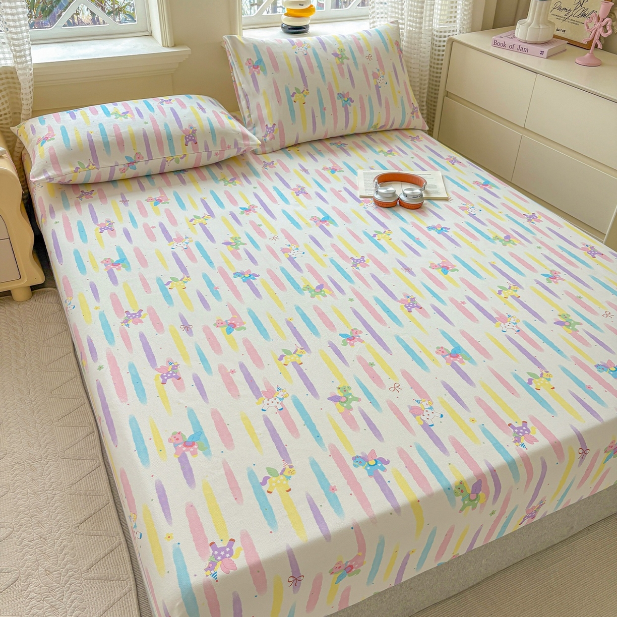 91家纺网 家纺一手货源 找家纺 青泽家纺 2025新款原棉老粗布床笠系列 彩虹小马