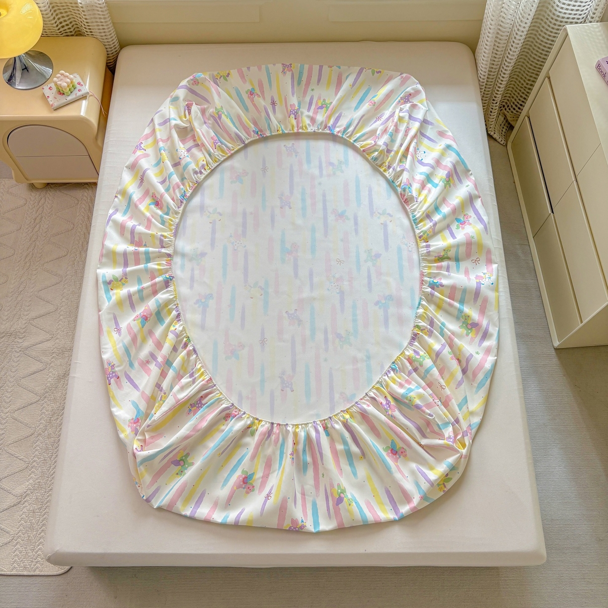 91家纺网 家纺一手货源 找家纺 青泽家纺 2025新款原棉老粗布床笠系列 彩虹小马