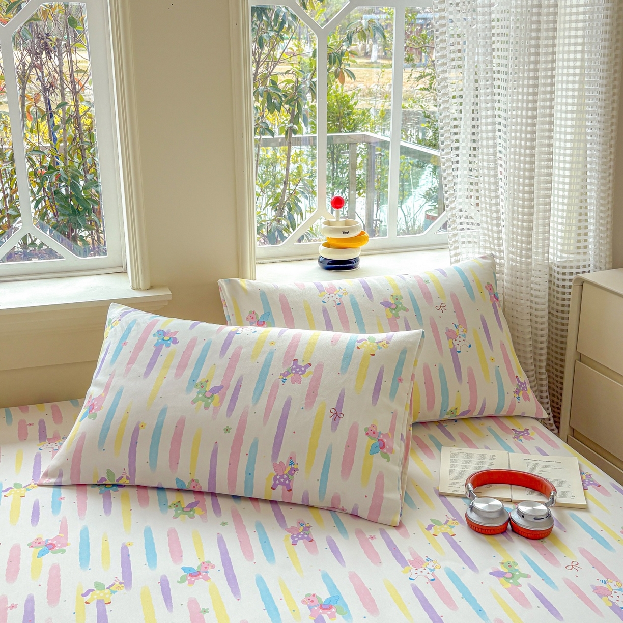 91家纺网 家纺一手货源 找家纺 青泽家纺 2025新款原棉老粗布床笠系列 彩虹小马