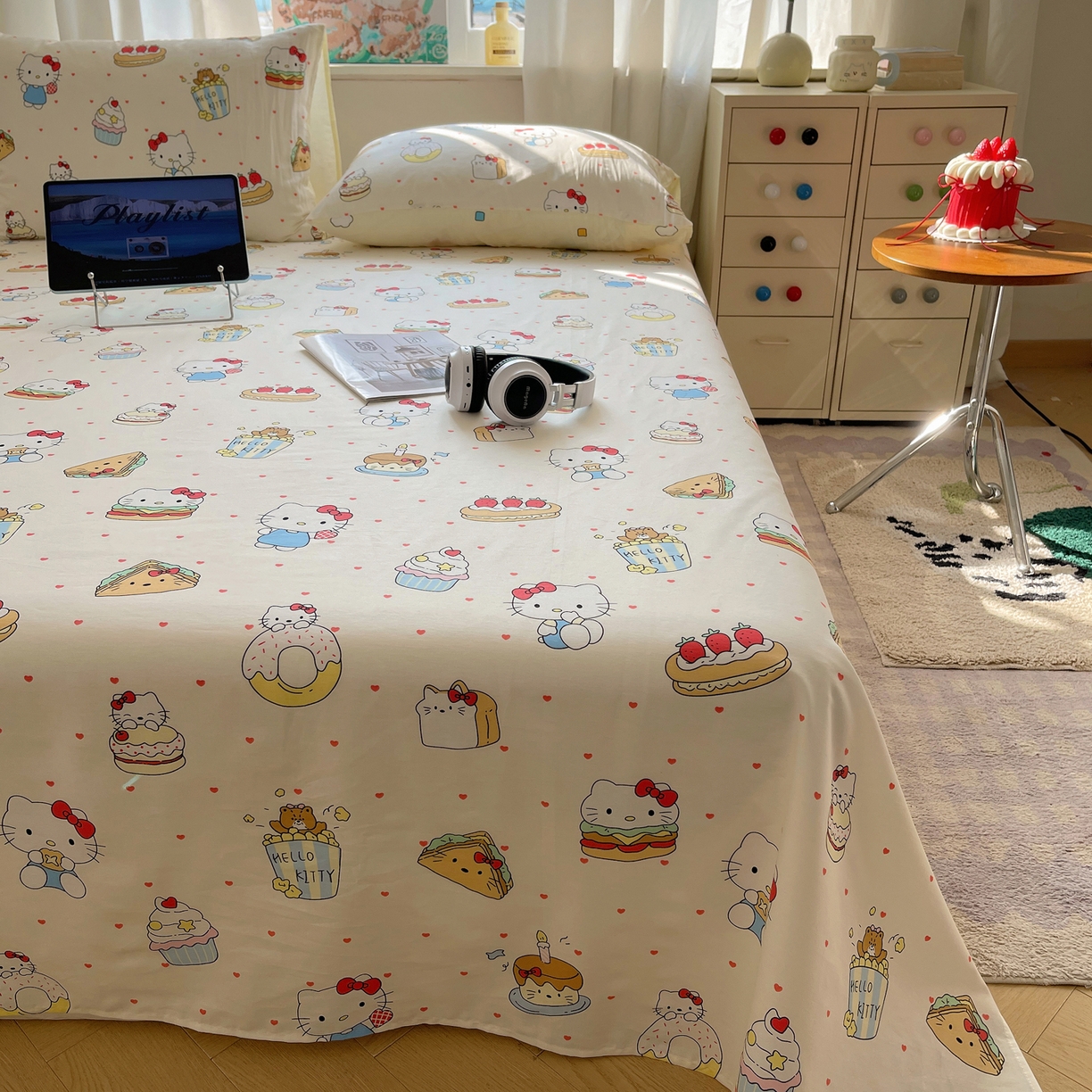 91家纺网 家纺一手货源 找家纺 六巷胡同 2026新款40支全棉13070INS卡通全棉单品床单 爱心汉堡喵