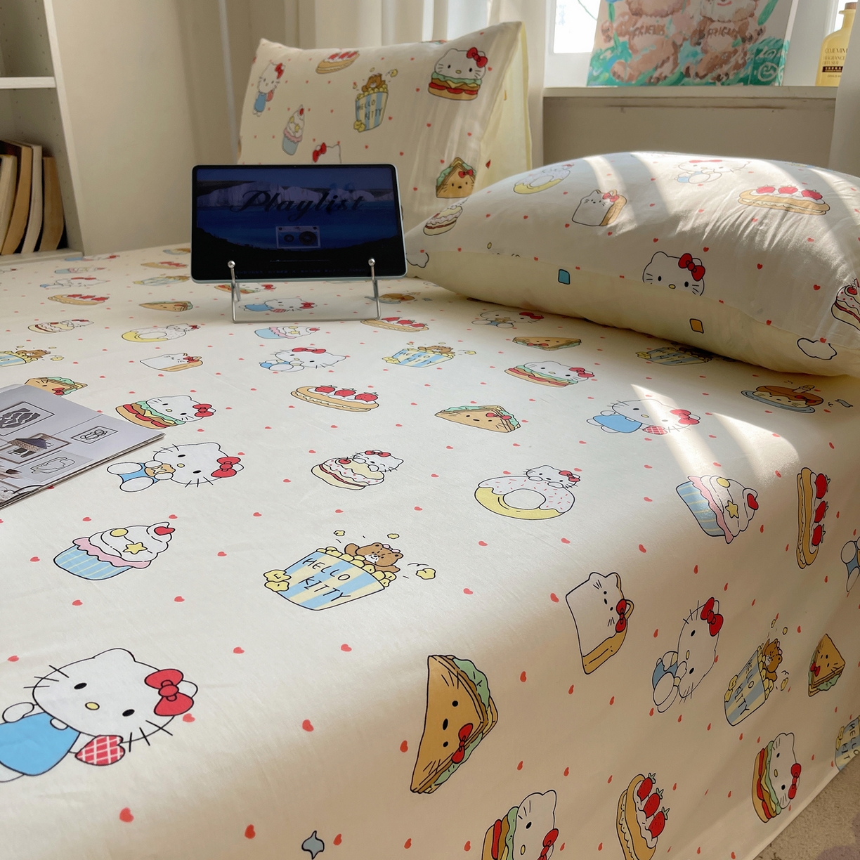 91家纺网 家纺一手货源 找家纺 六巷胡同 2026新款40支全棉13070INS卡通全棉单品床单 爱心汉堡喵