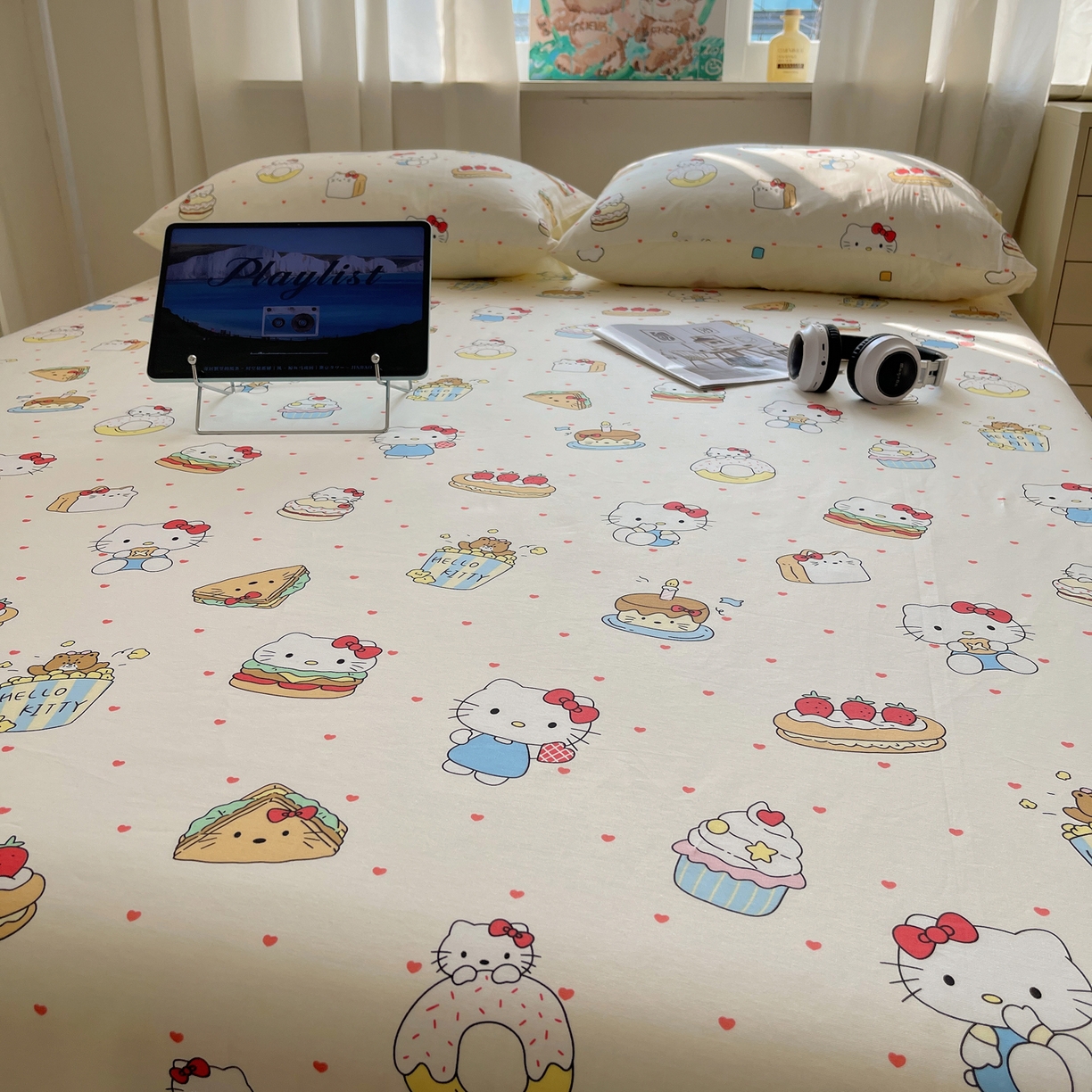 91家纺网 家纺一手货源 找家纺 六巷胡同 2026新款40支全棉13070INS卡通全棉单品床单 爱心汉堡喵