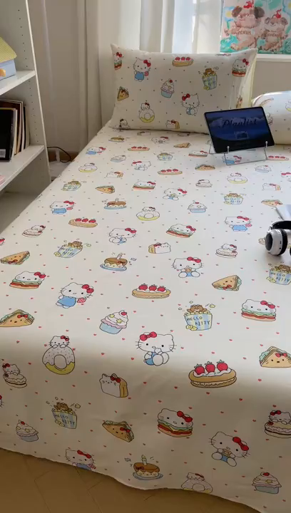 91家纺网 家纺一手货源 找家纺 六巷胡同 2026新款40支全棉13070INS卡通全棉单品床单 爱心汉堡喵