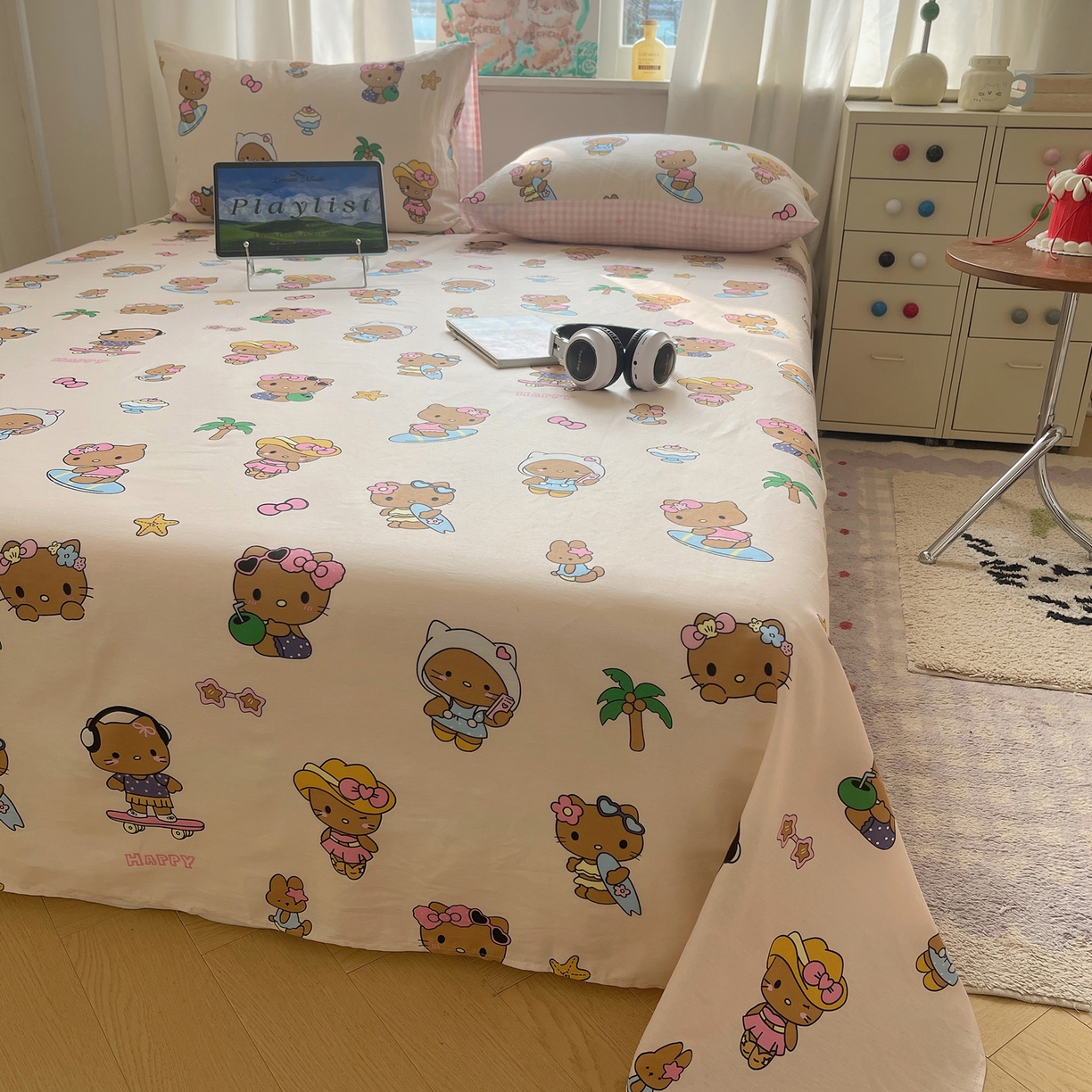 六巷胡同 2026新款40支全棉13070INS卡通全棉单品床单 度假冲浪猫