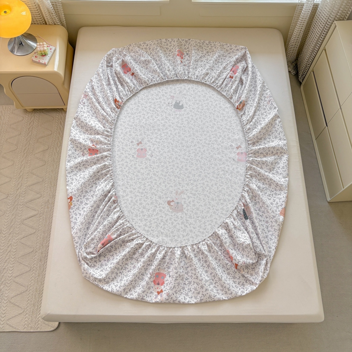 91家纺网 家纺一手货源 找家纺 青泽家纺 2025新款原棉老粗布床笠系列 花间兔