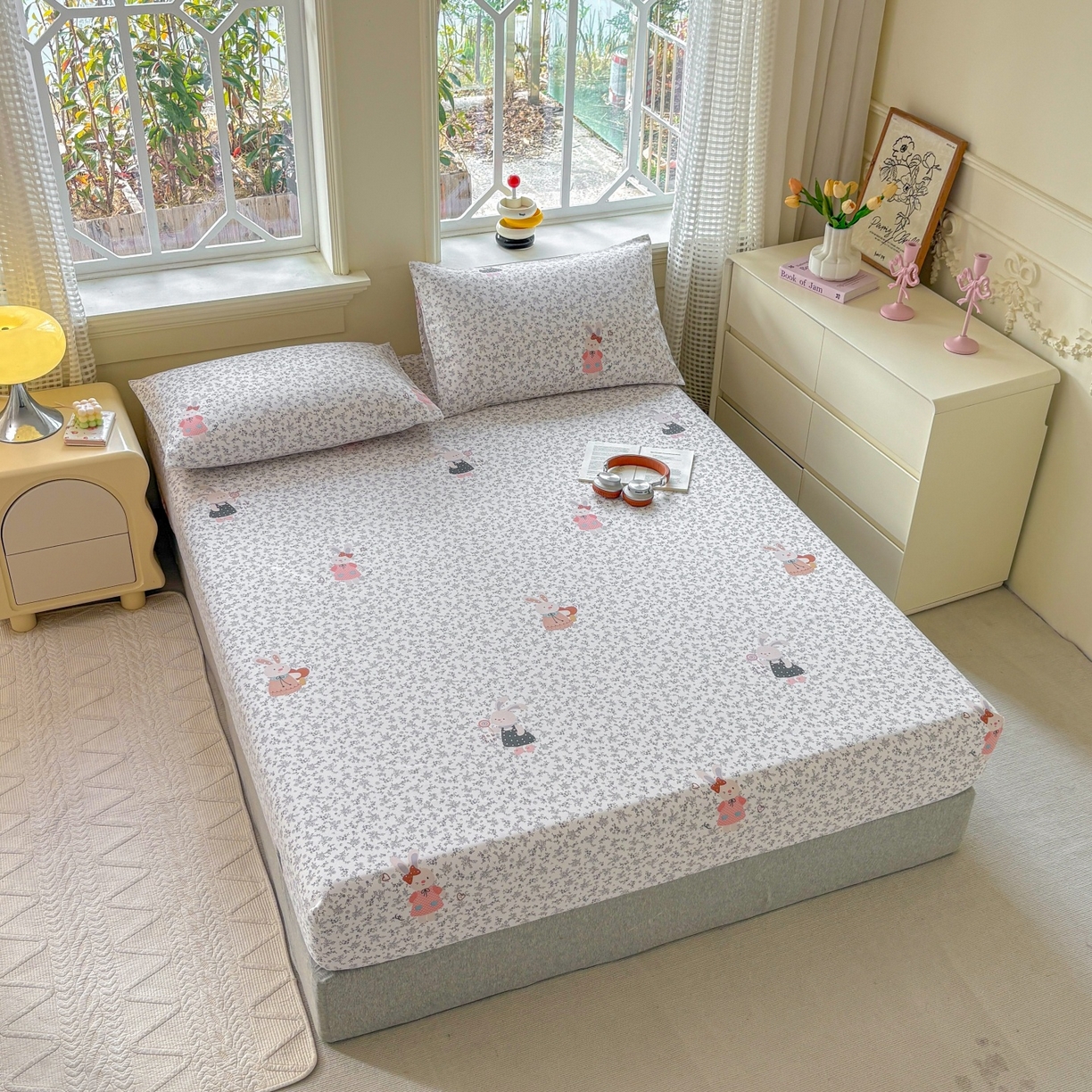 91家纺网 家纺一手货源 找家纺 青泽家纺 2025新款原棉老粗布床笠系列 花间兔