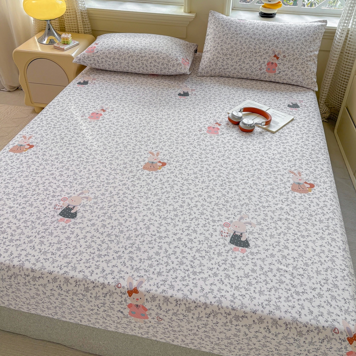 91家纺网 家纺一手货源 找家纺 青泽家纺 2025新款原棉老粗布床笠系列 花间兔