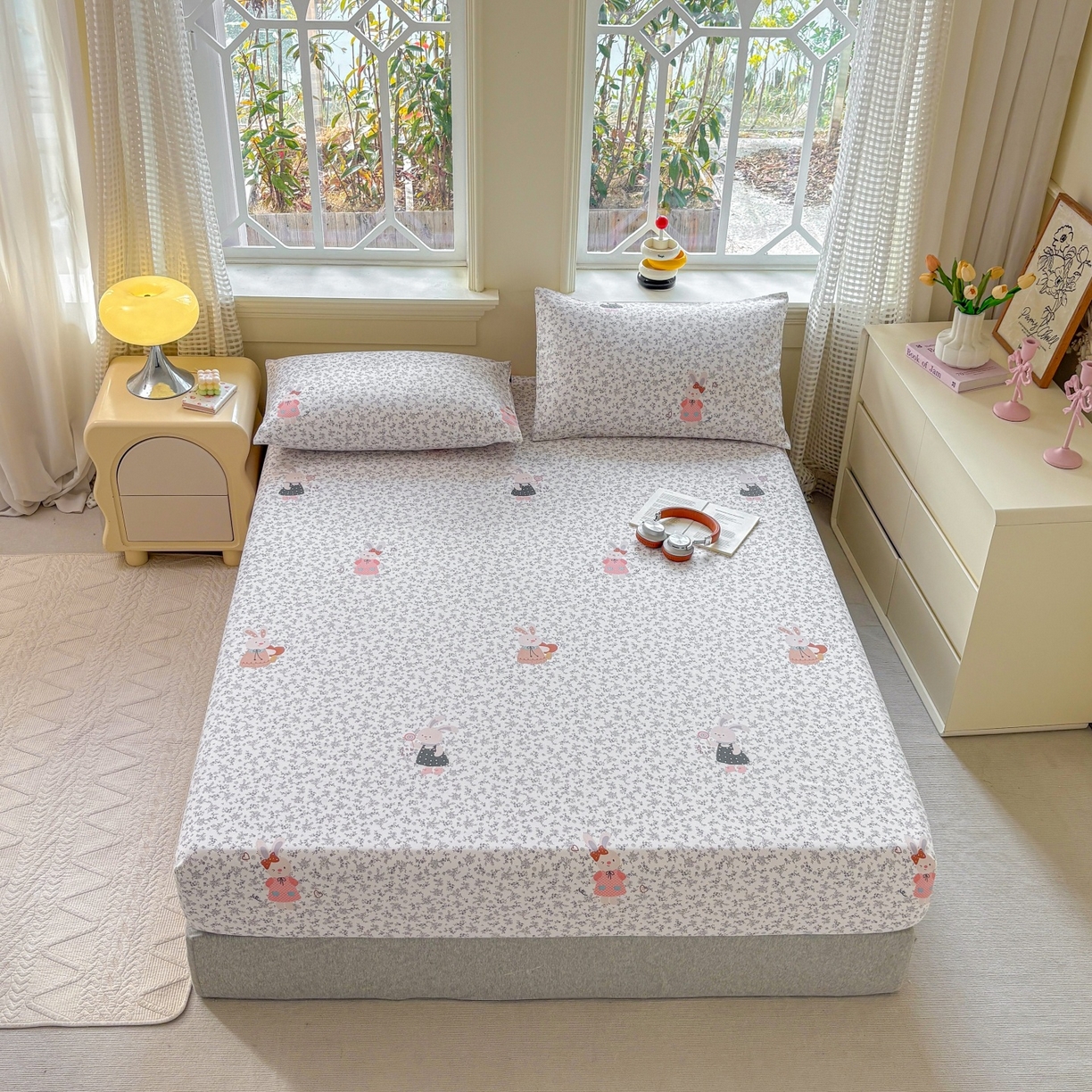 91家纺网 家纺一手货源 找家纺 青泽家纺 2025新款原棉老粗布床笠系列 花间兔