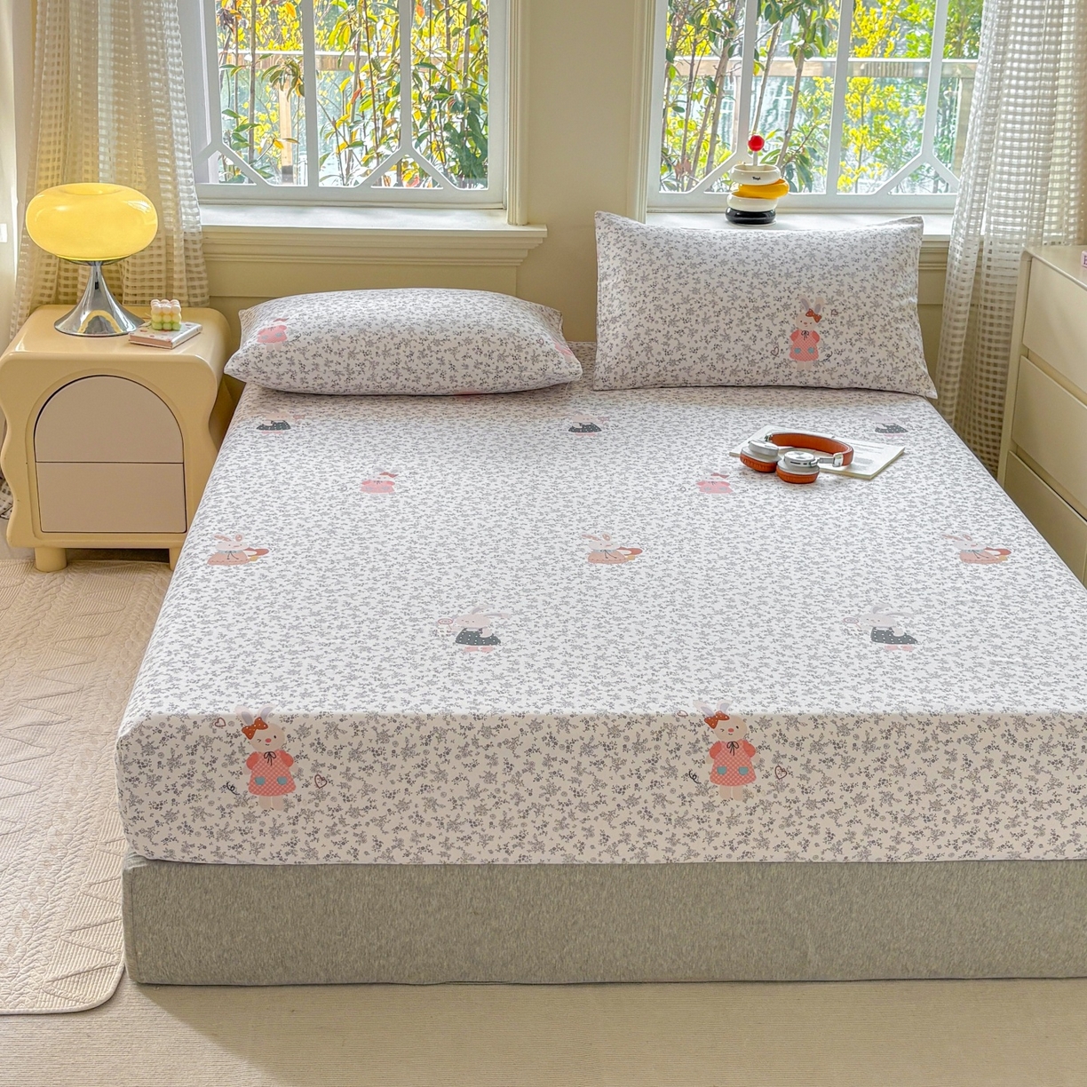 91家纺网 家纺一手货源 找家纺 青泽家纺 2025新款原棉老粗布床笠系列 花间兔