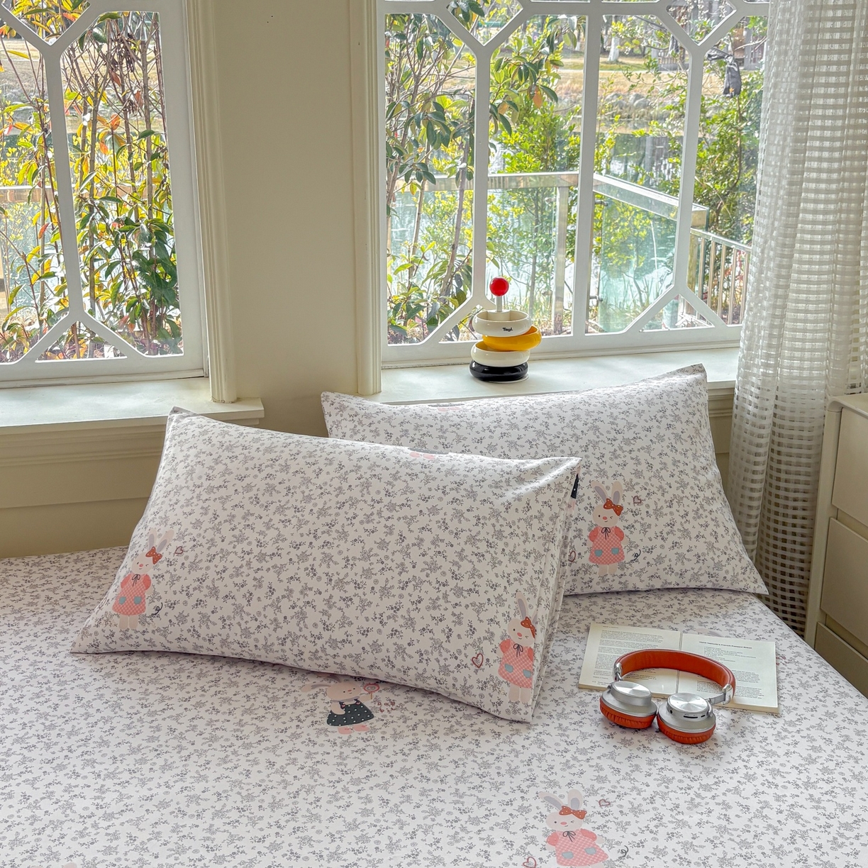 91家纺网 家纺一手货源 找家纺 青泽家纺 2025新款原棉老粗布床笠系列 花间兔