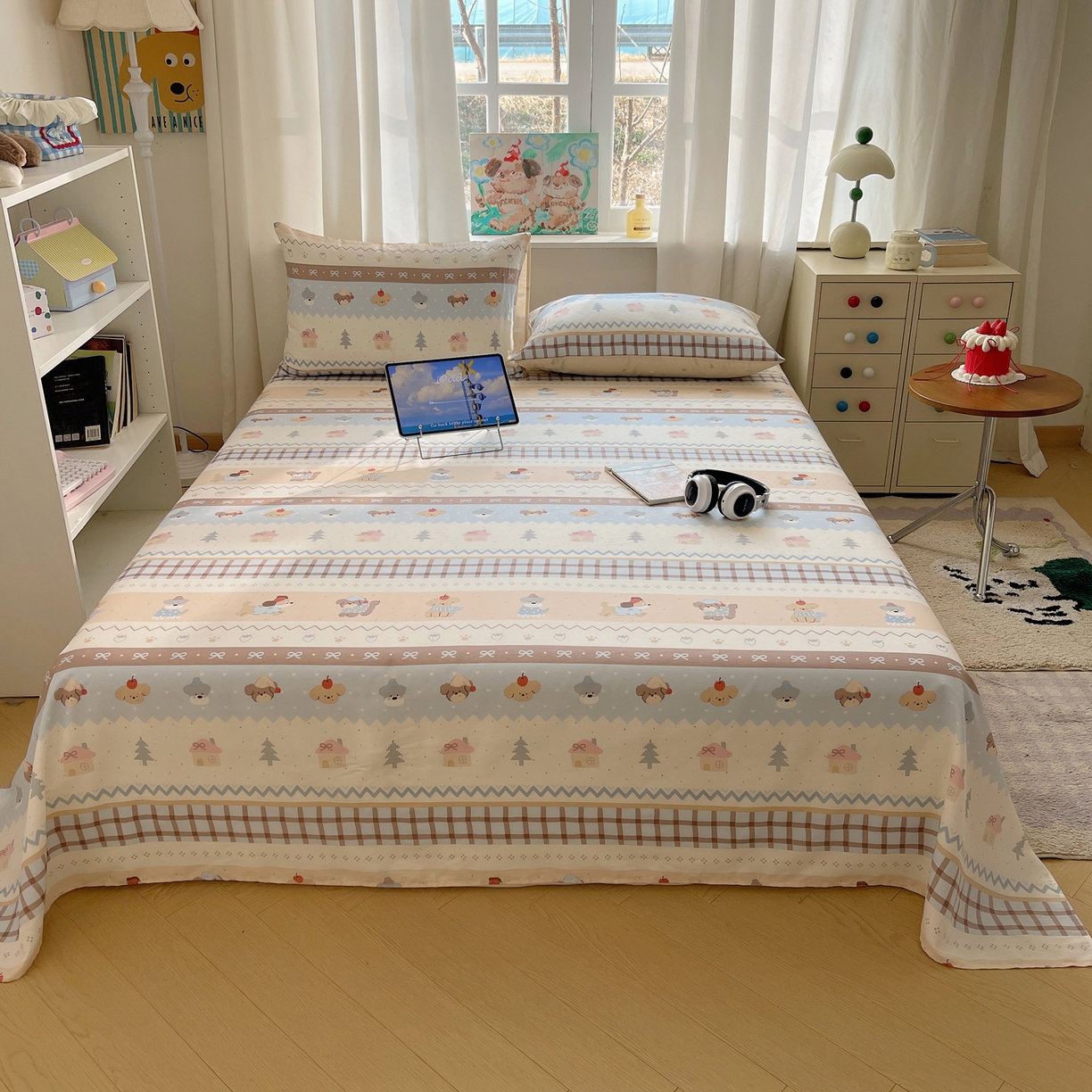 91家纺网 家纺一手货源 找家纺 六巷胡同 2026新款40支全棉13070INS卡通全棉单品床单 费尔岛狗狗