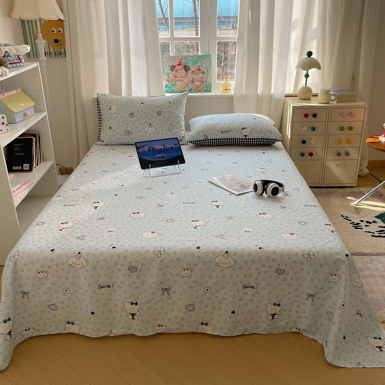 91家纺网 家纺一手货源 找家纺 六巷胡同 2026新款40支全棉13070INS卡通全棉单品床单 海盐豹纹猫