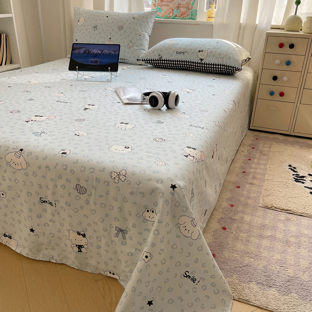 六巷胡同 2026新款40支全棉13070INS卡通全棉单品床单 海盐豹纹猫