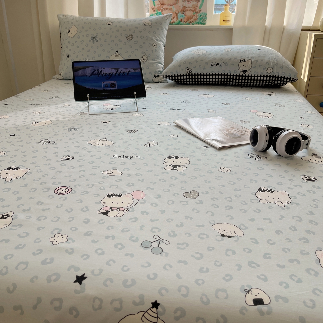 91家纺网 家纺一手货源 找家纺 六巷胡同 2026新款40支全棉13070INS卡通全棉单品床单 海盐豹纹猫