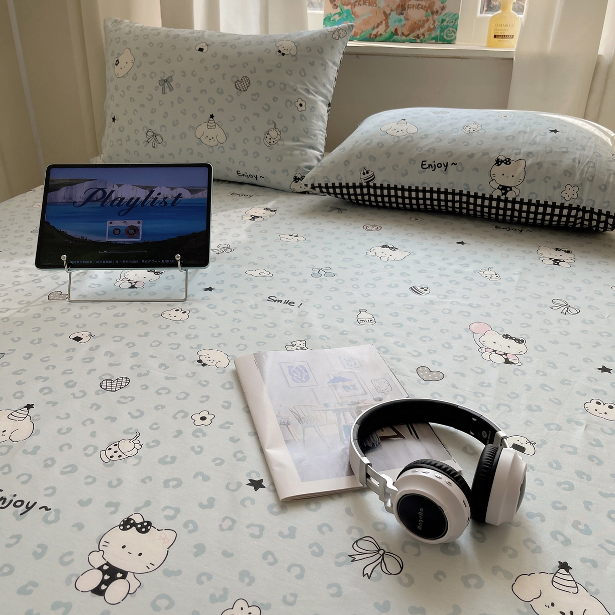 91家纺网 家纺一手货源 找家纺 六巷胡同 2026新款40支全棉13070INS卡通全棉单品床单 海盐豹纹猫