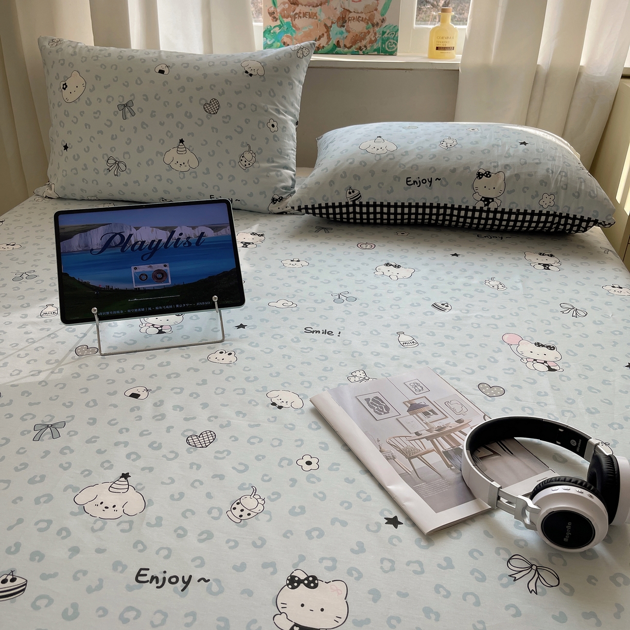 91家纺网 家纺一手货源 找家纺 六巷胡同 2026新款40支全棉13070INS卡通全棉单品床单 海盐豹纹猫