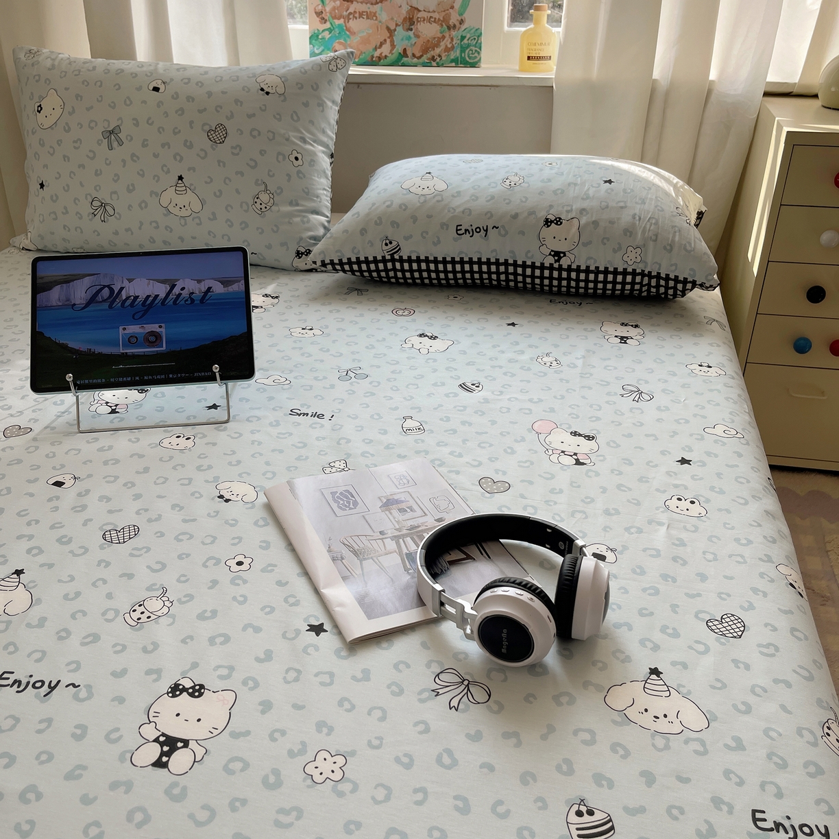 91家纺网 家纺一手货源 找家纺 六巷胡同 2026新款40支全棉13070INS卡通全棉单品床单 海盐豹纹猫