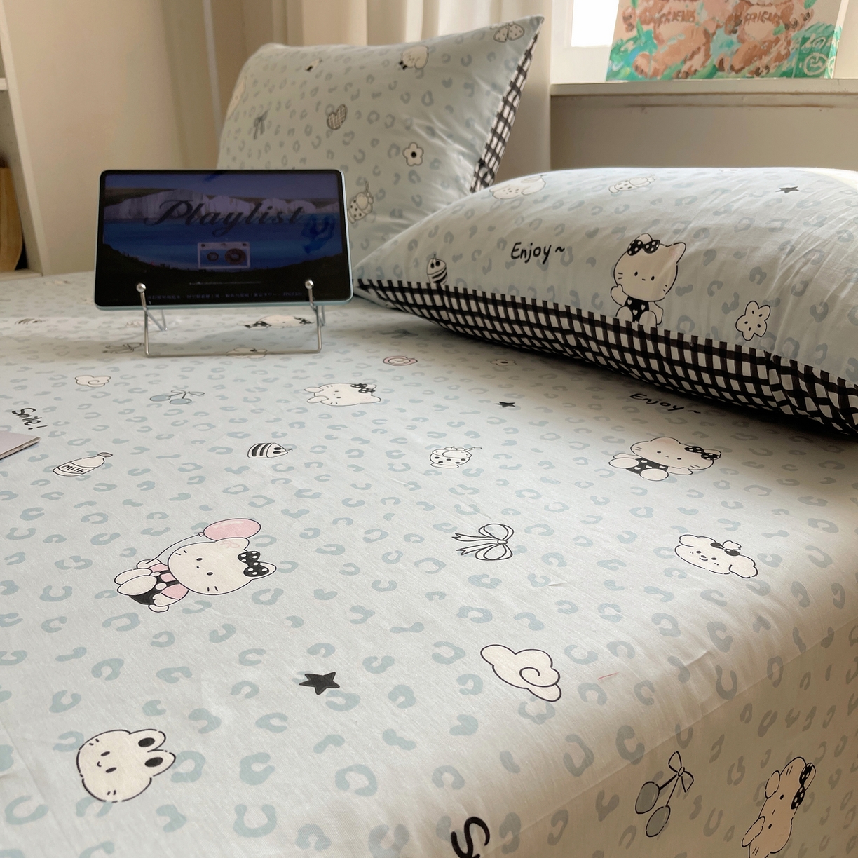 91家纺网 家纺一手货源 找家纺 六巷胡同 2026新款40支全棉13070INS卡通全棉单品床单 海盐豹纹猫