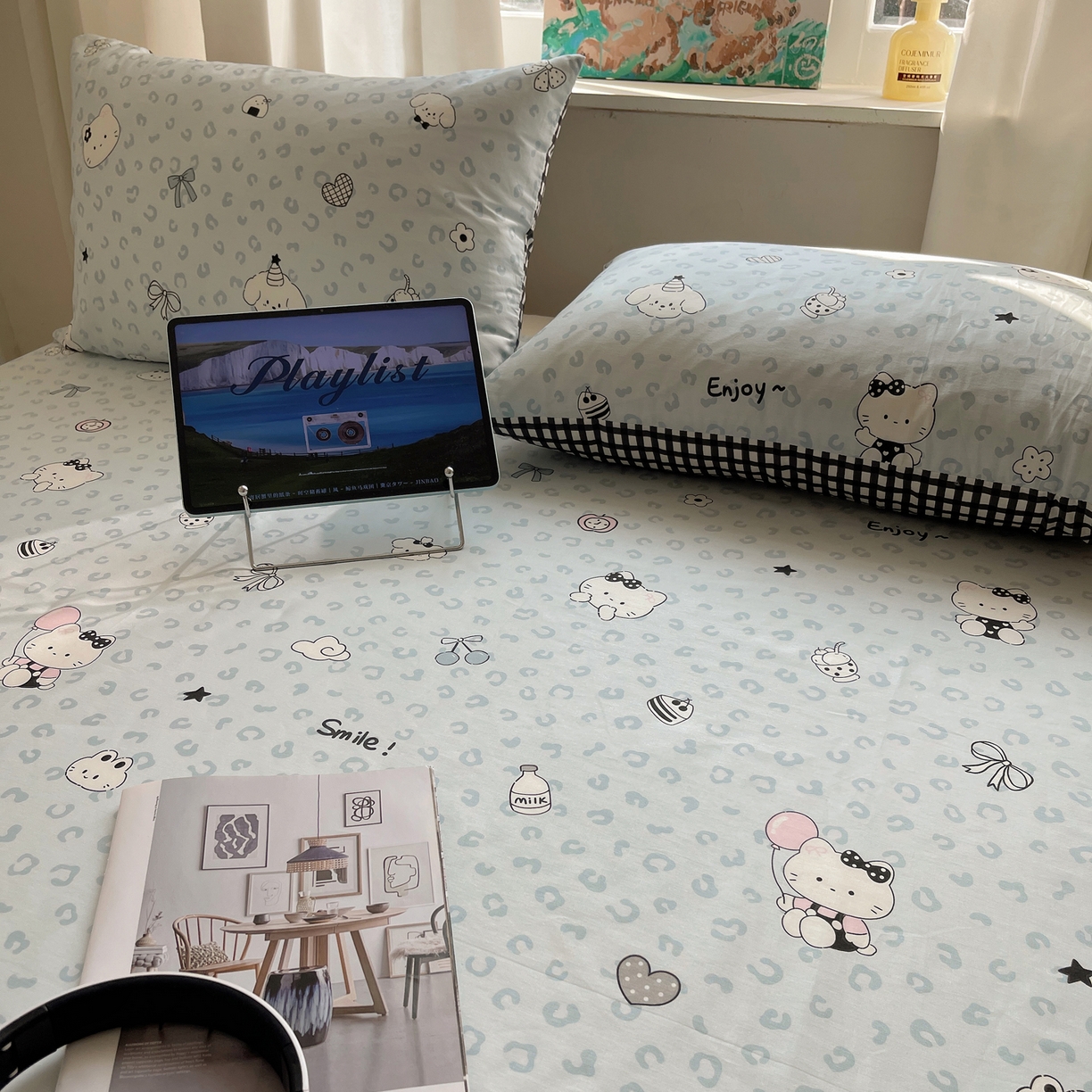 91家纺网 家纺一手货源 找家纺 六巷胡同 2026新款40支全棉13070INS卡通全棉单品床单 海盐豹纹猫