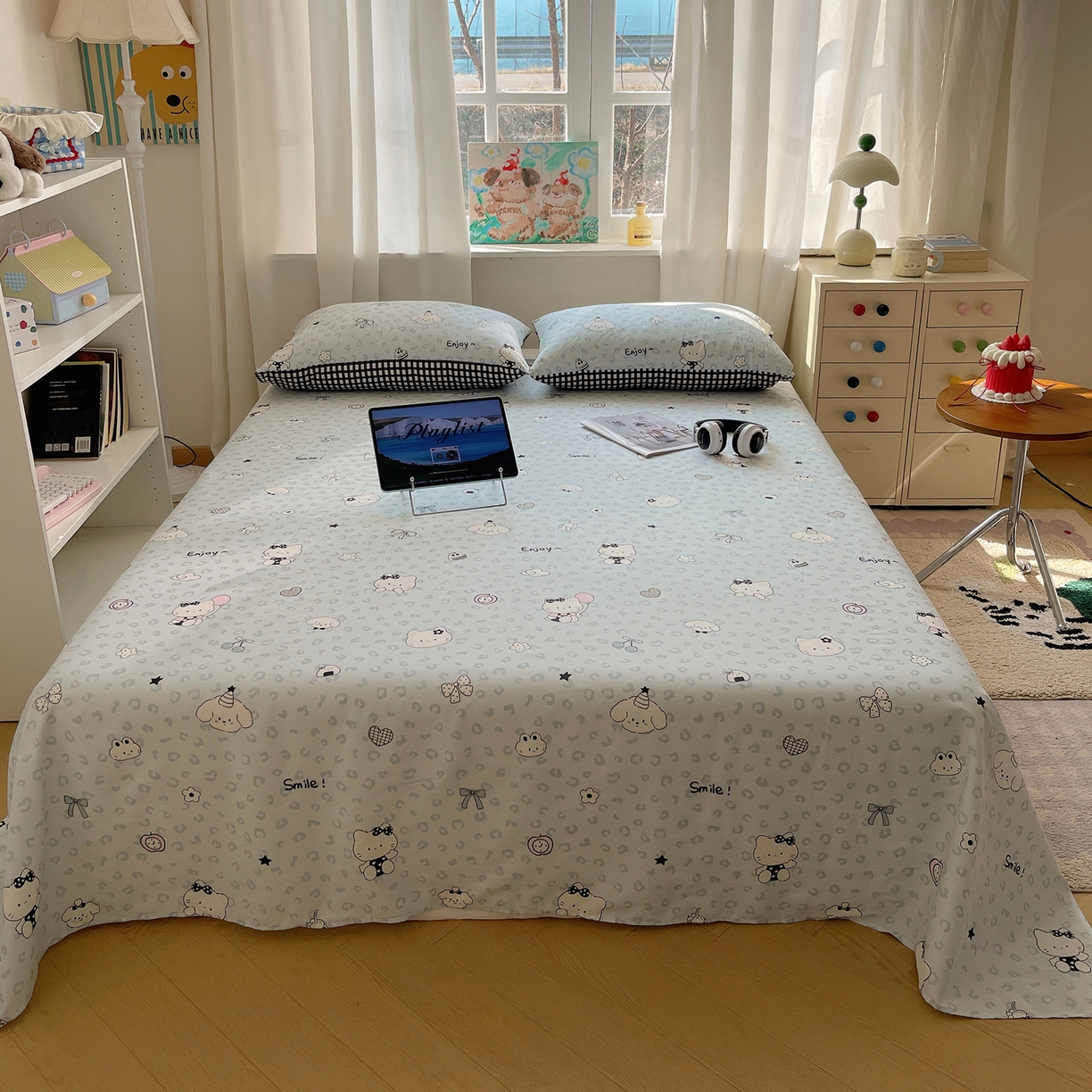 91家纺网 家纺一手货源 找家纺 六巷胡同 2026新款40支全棉13070INS卡通全棉单品床单 海盐豹纹猫