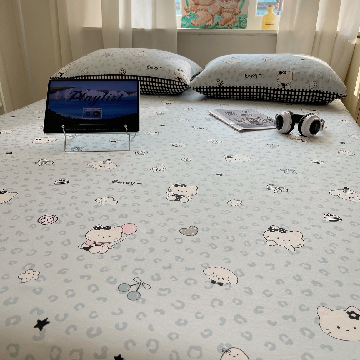 91家纺网 家纺一手货源 找家纺 六巷胡同 2026新款40支全棉13070INS卡通全棉单品床单 海盐豹纹猫