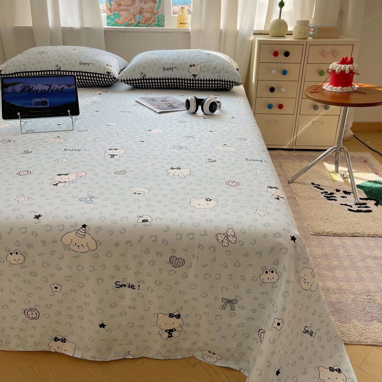 91家纺网 家纺一手货源 找家纺 六巷胡同 2026新款40支全棉13070INS卡通全棉单品床单 海盐豹纹猫