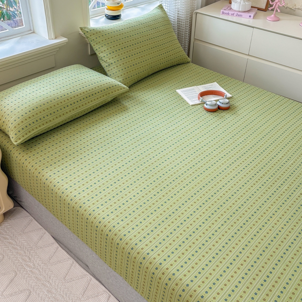 91家纺网 家纺一手货源 找家纺 青泽家纺 2025新款原棉老粗布床笠系列 沐研绿