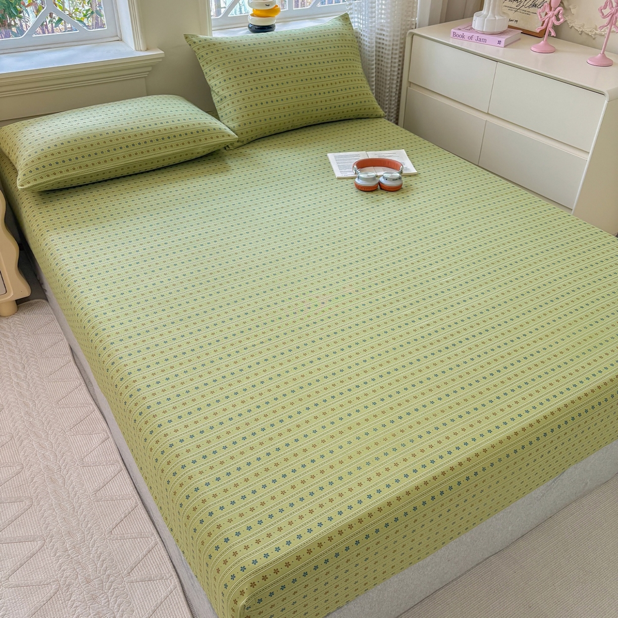 91家纺网 家纺一手货源 找家纺 青泽家纺 2025新款原棉老粗布床笠系列 沐研绿