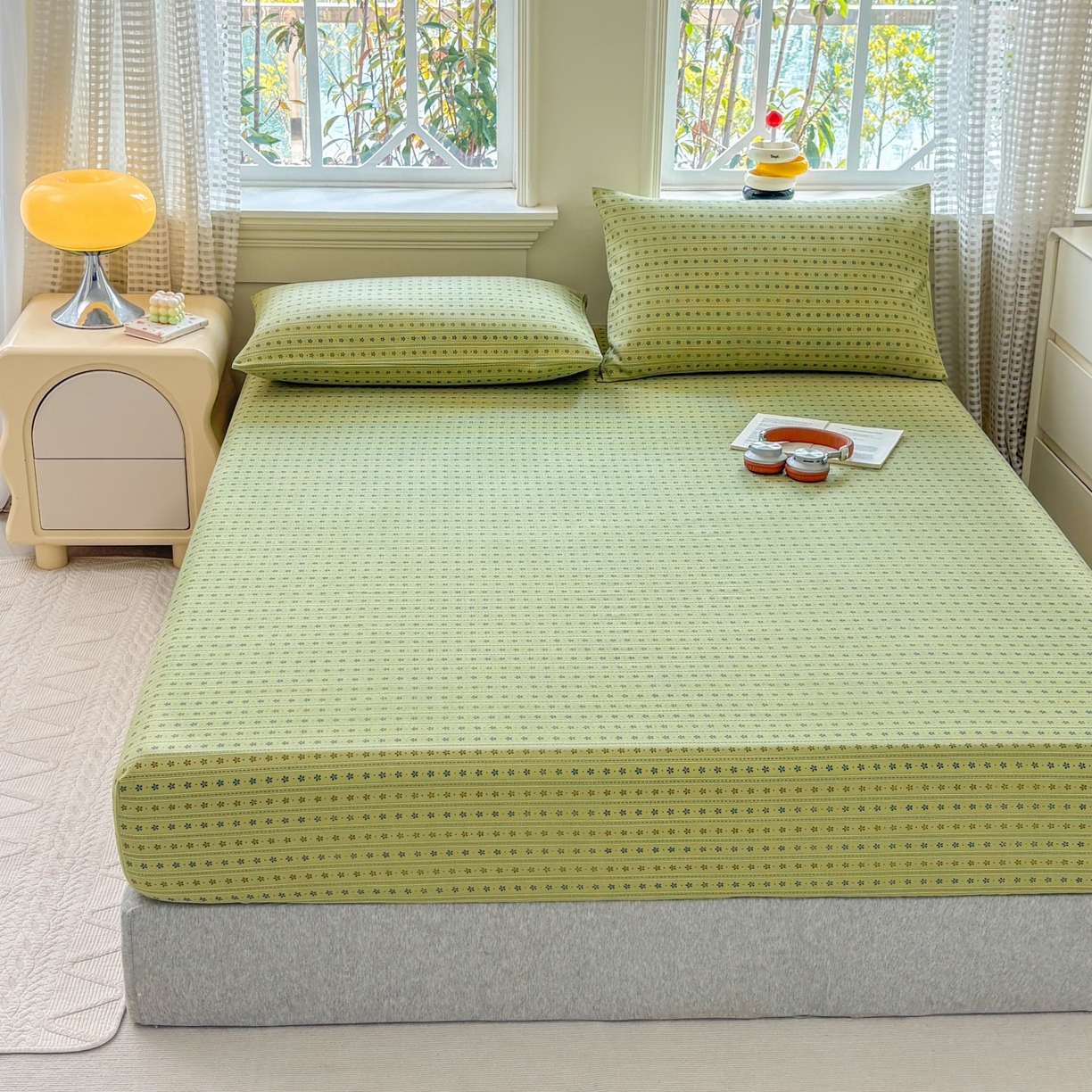 91家纺网 家纺一手货源 找家纺 青泽家纺 2025新款原棉老粗布床笠系列 沐研绿