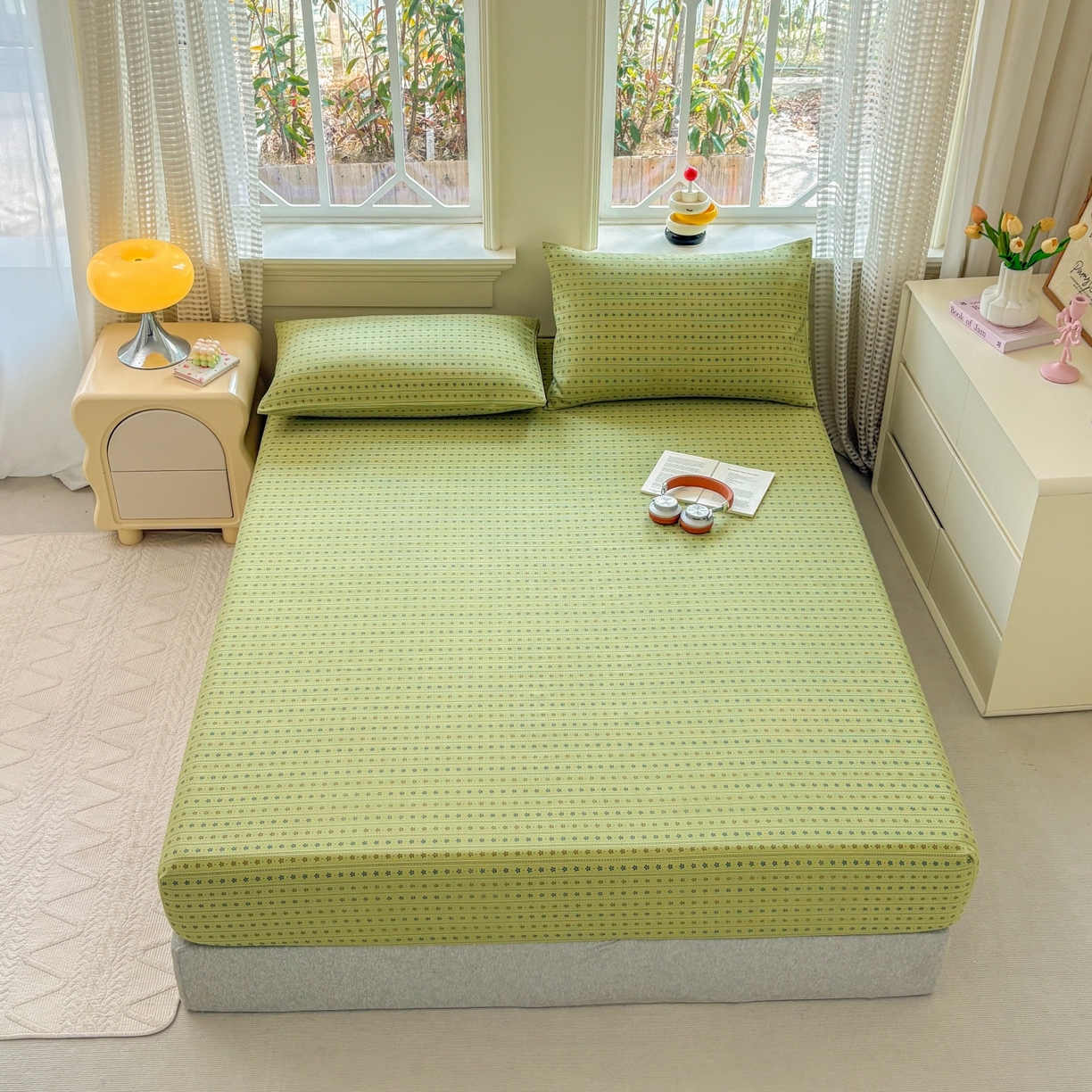 91家纺网 家纺一手货源 找家纺 青泽家纺 2025新款原棉老粗布床笠系列 沐研绿