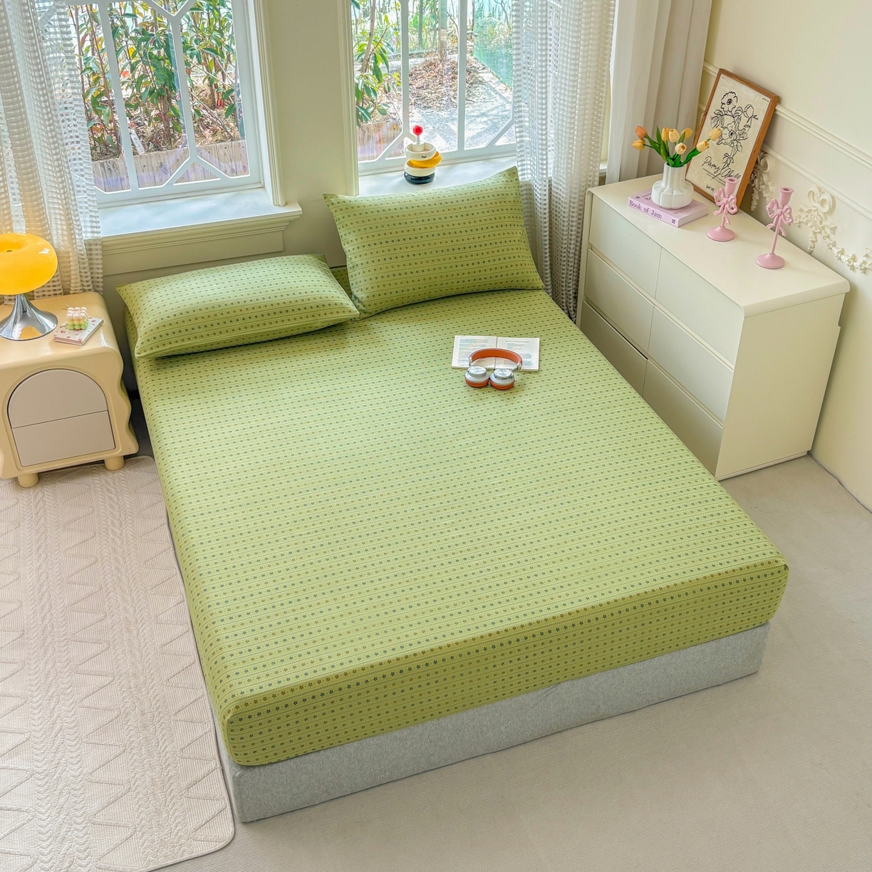 91家纺网 家纺一手货源 找家纺 青泽家纺 2025新款原棉老粗布床笠系列 沐研绿