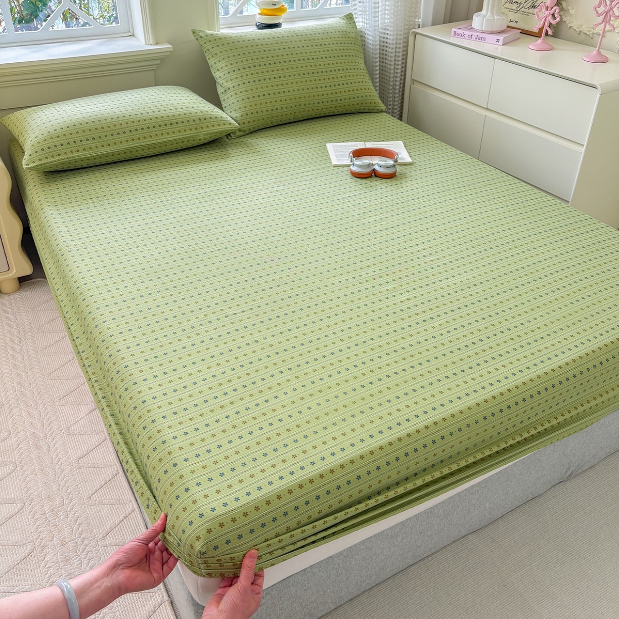 91家纺网 家纺一手货源 找家纺 青泽家纺 2025新款原棉老粗布床笠系列 沐研绿