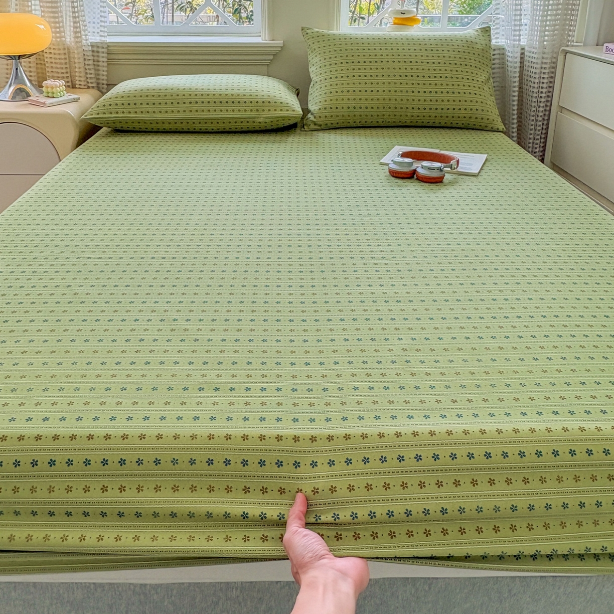 91家纺网 家纺一手货源 找家纺 青泽家纺 2025新款原棉老粗布床笠系列 沐研绿