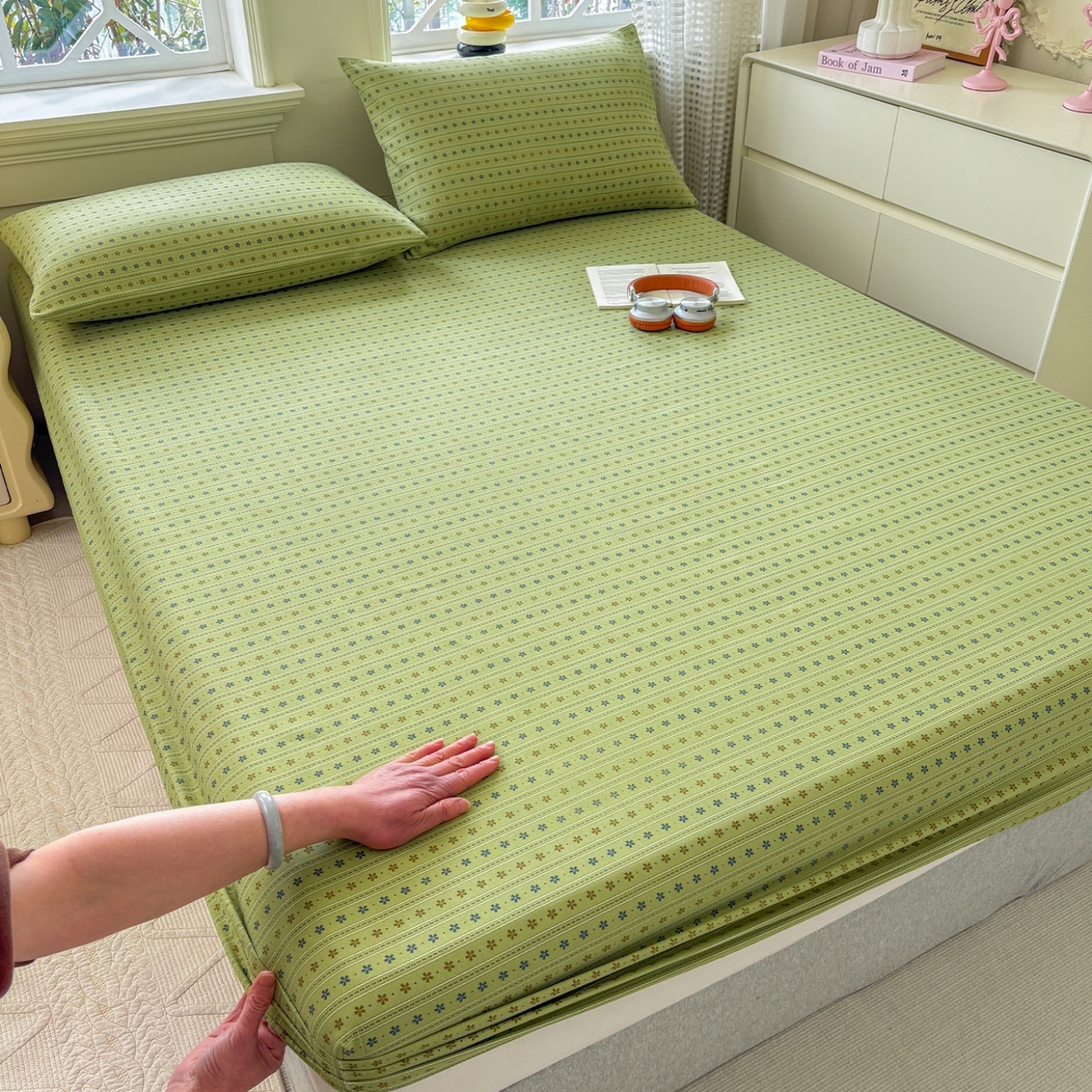 91家纺网 家纺一手货源 找家纺 青泽家纺 2025新款原棉老粗布床笠系列 沐研绿