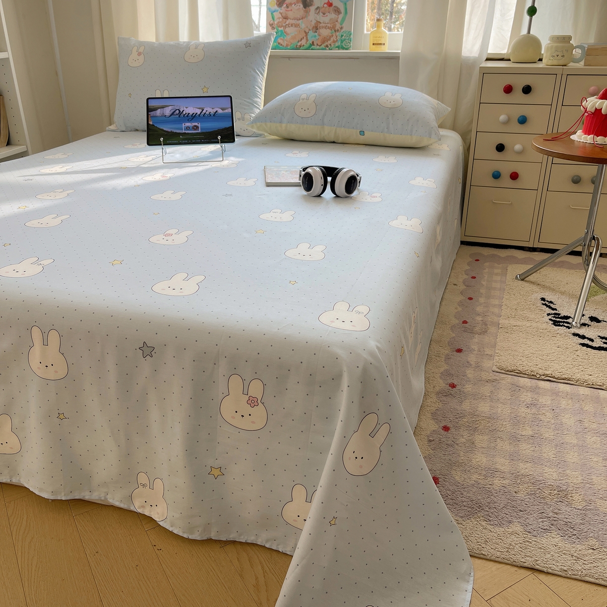 六巷胡同 2026新款40支全棉13070INS卡通全棉单品床单 蓝调波点兔