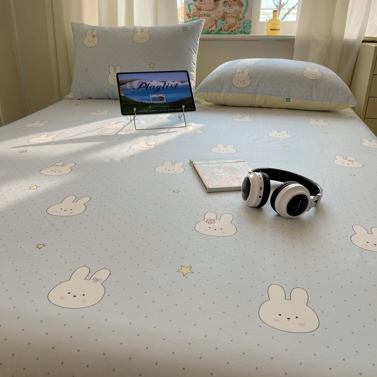 91家纺网 家纺一手货源 找家纺 六巷胡同 2026新款40支全棉13070INS卡通全棉单品床单 蓝调波点兔