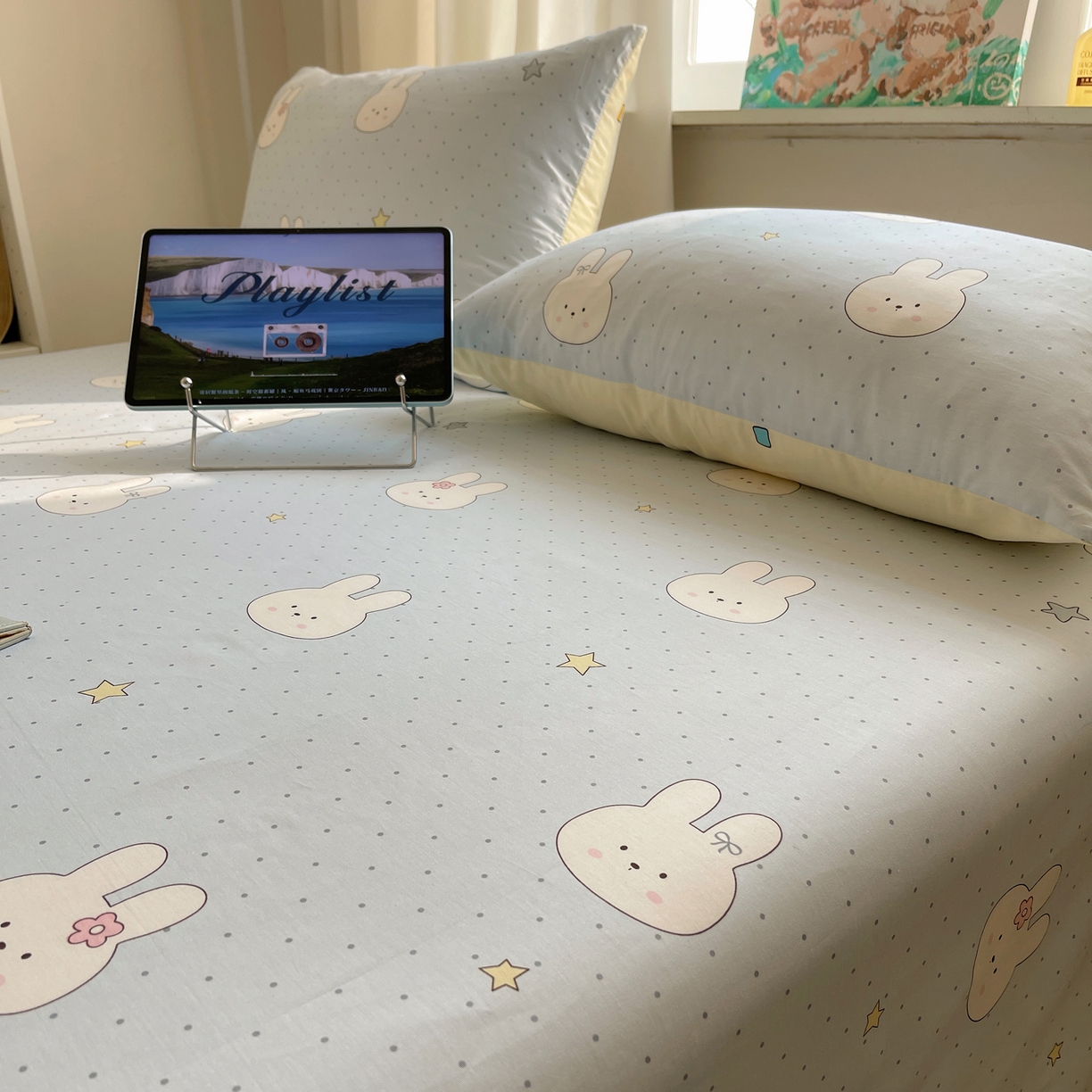 91家纺网 家纺一手货源 找家纺 六巷胡同 2026新款40支全棉13070INS卡通全棉单品床单 蓝调波点兔