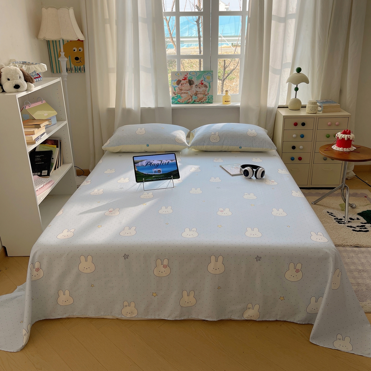 91家纺网 家纺一手货源 找家纺 六巷胡同 2026新款40支全棉13070INS卡通全棉单品床单 蓝调波点兔