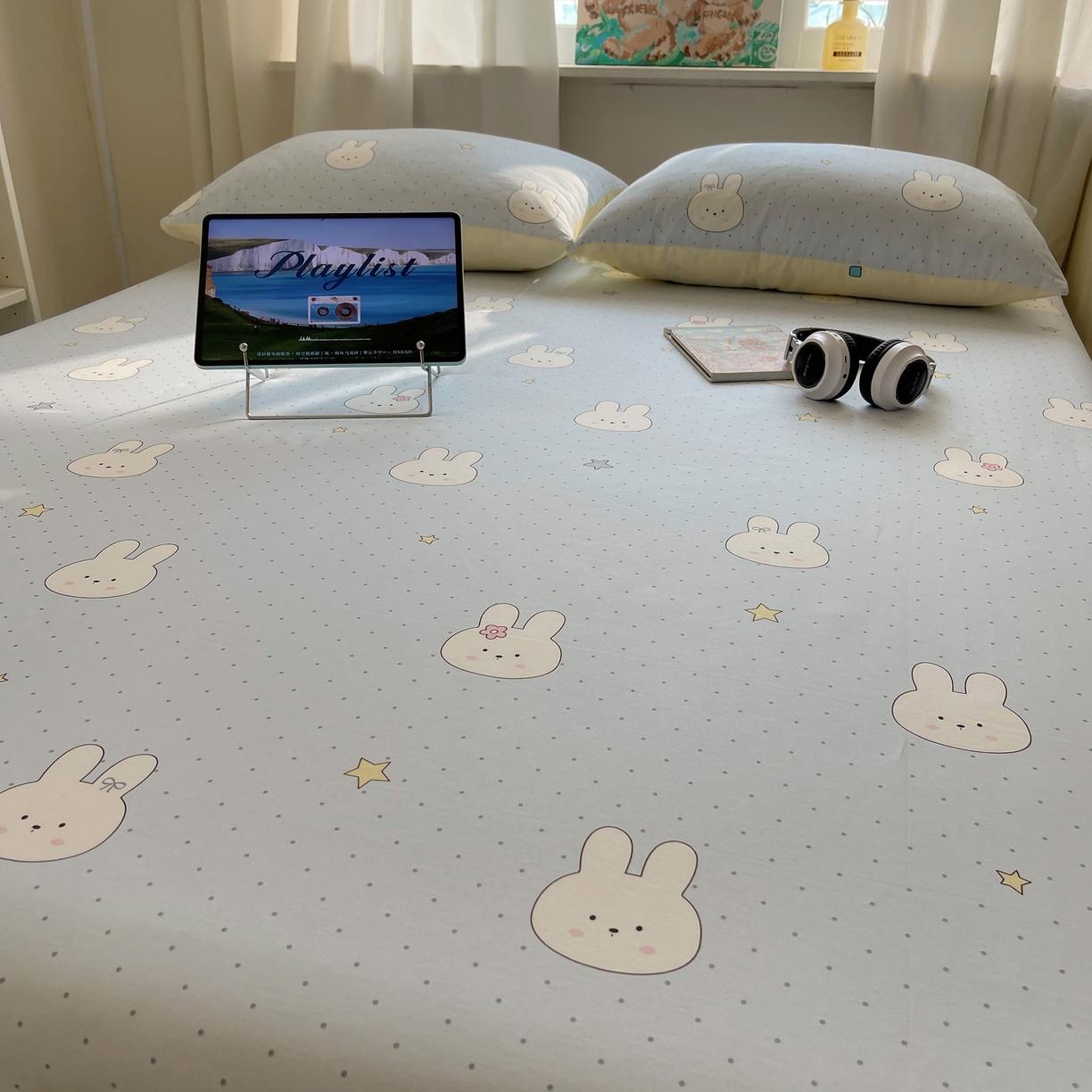 91家纺网 家纺一手货源 找家纺 六巷胡同 2026新款40支全棉13070INS卡通全棉单品床单 蓝调波点兔