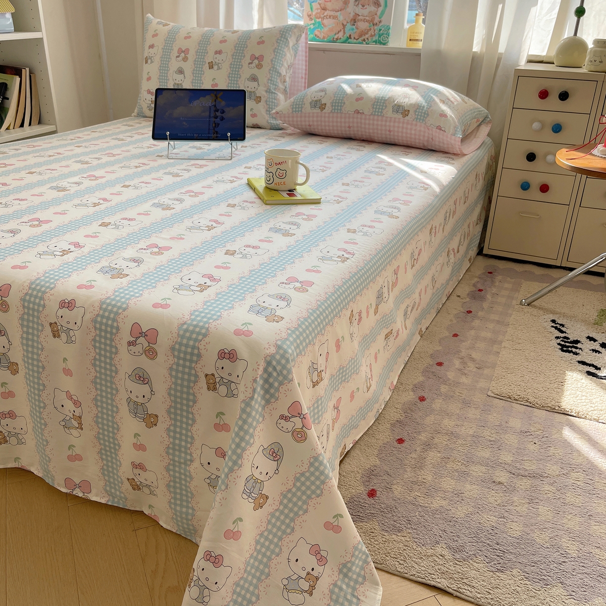 六巷胡同 2026新款40支全棉13070INS卡通全棉单品床单 萝莉樱桃猫