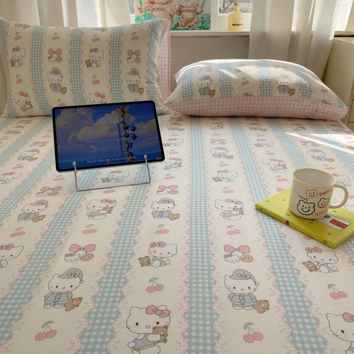 91家纺网 家纺一手货源 找家纺 六巷胡同 2026新款40支全棉13070INS卡通全棉单品床单 萝莉樱桃猫