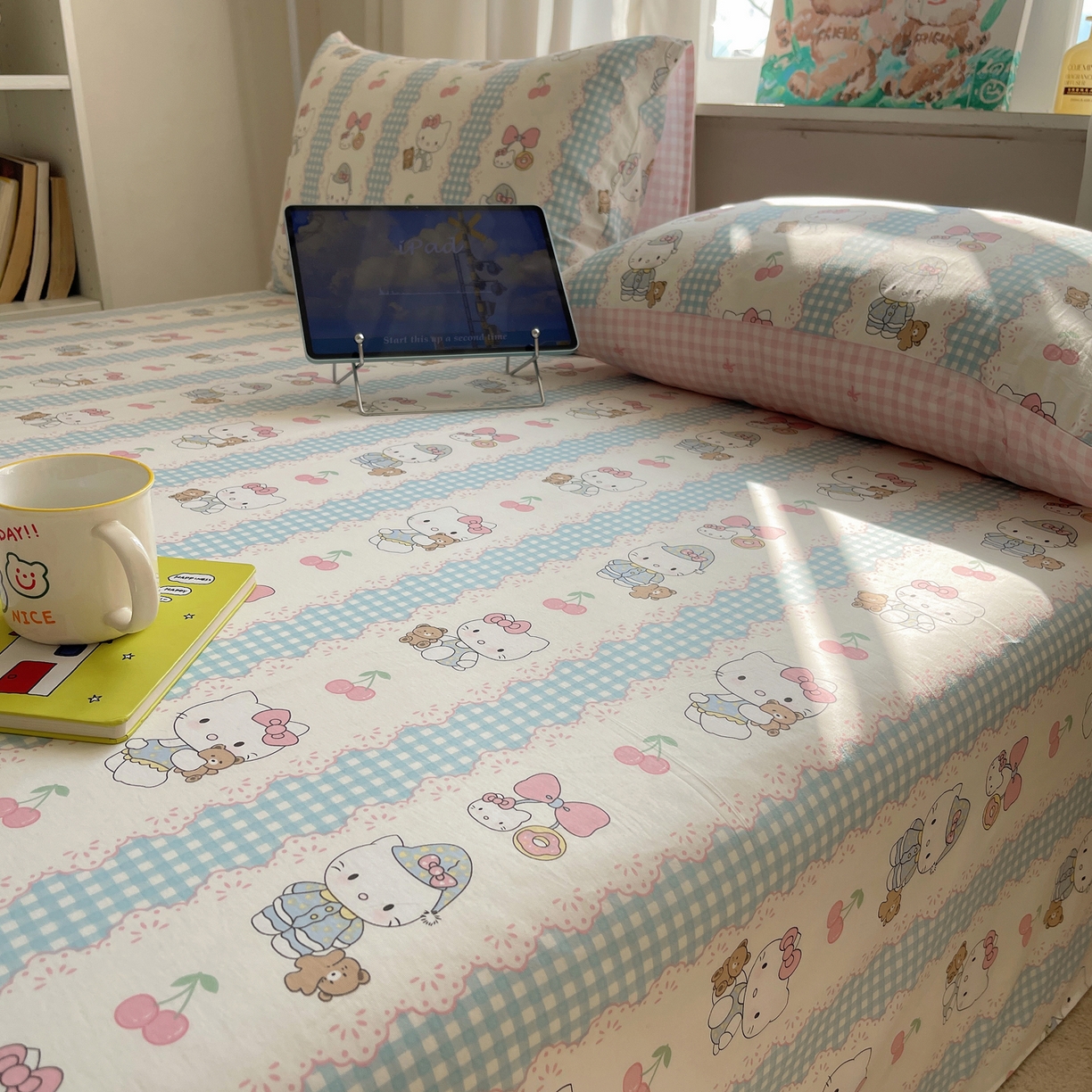 91家纺网 家纺一手货源 找家纺 六巷胡同 2026新款40支全棉13070INS卡通全棉单品床单 萝莉樱桃猫