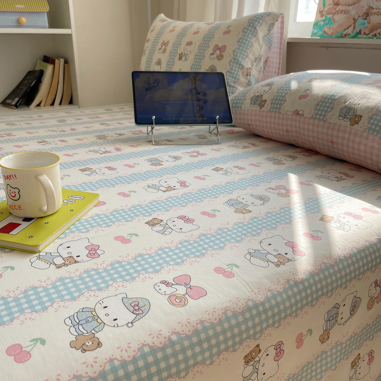 91家纺网 家纺一手货源 找家纺 六巷胡同 2026新款40支全棉13070INS卡通全棉单品床单 萝莉樱桃猫