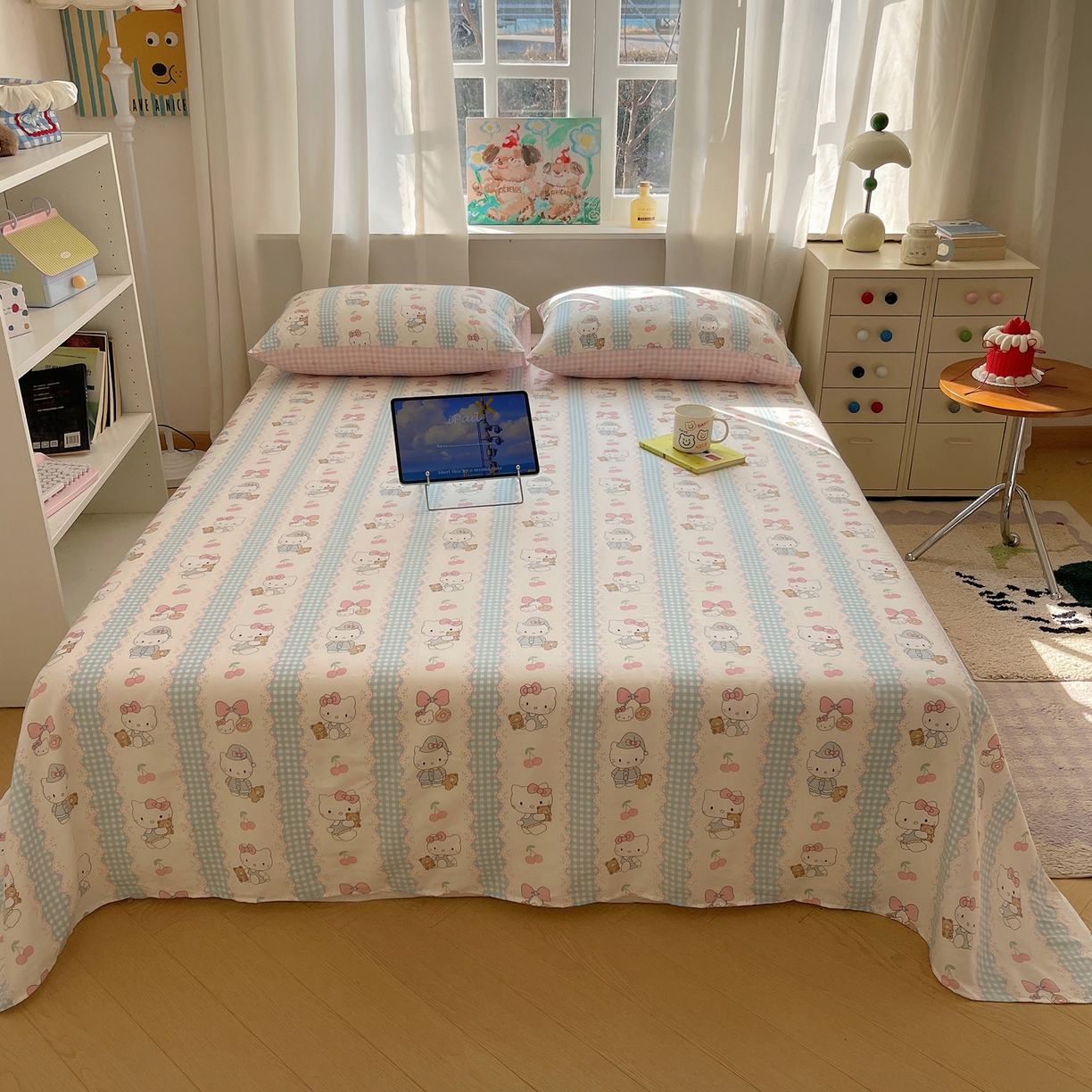 91家纺网 家纺一手货源 找家纺 六巷胡同 2026新款40支全棉13070INS卡通全棉单品床单 萝莉樱桃猫