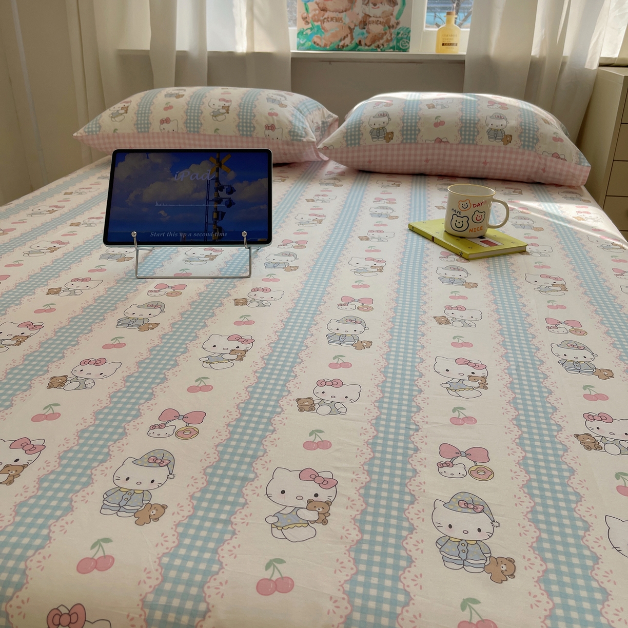 91家纺网 家纺一手货源 找家纺 六巷胡同 2026新款40支全棉13070INS卡通全棉单品床单 萝莉樱桃猫