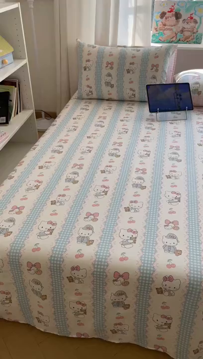 91家纺网 家纺一手货源 找家纺 六巷胡同 2026新款40支全棉13070INS卡通全棉单品床单 萝莉樱桃猫