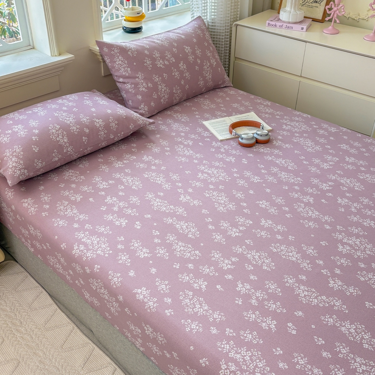 91家纺网 家纺一手货源 找家纺 青泽家纺 2025新款原棉老粗布床笠系列 如梦紫